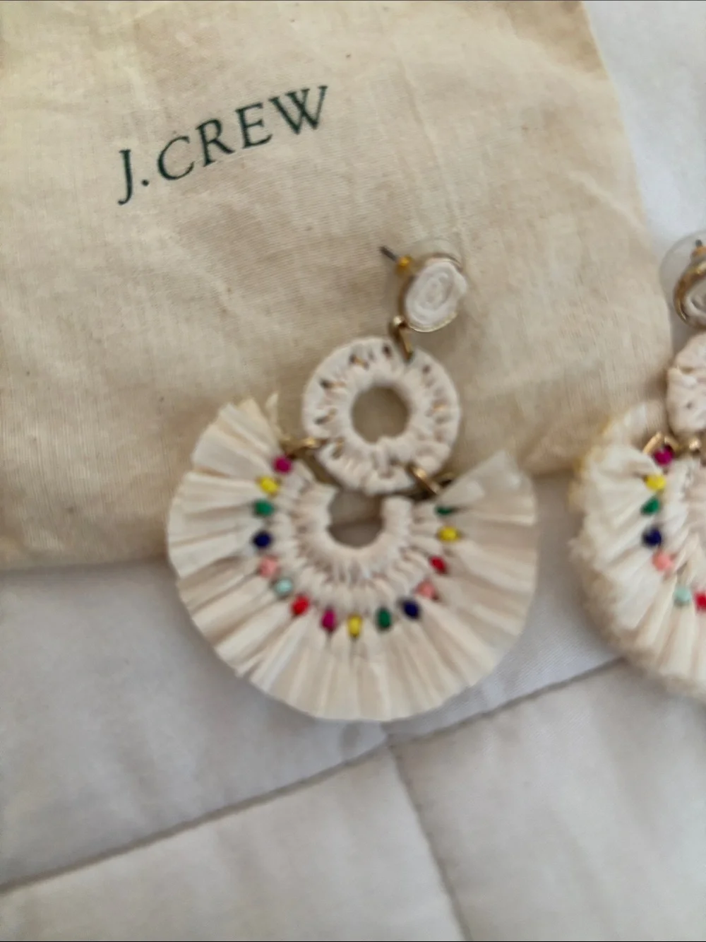 J. Crew Cream Raffia Fan Hoop Earrings with Multicolor Beads NWOT